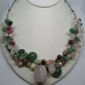Green Onyx Jade Tiger Eye Rose Quartz Pearl Necklace Multi Gemstone Wire Wrap